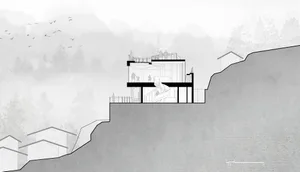 Grayscale architectural rendering of a modern house on a hillside with concrete construction, featuring open spaces, enclosed areas, and stairs