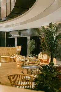 A modern restaurant interior with wood furniture, potted plants, and warm lighting
