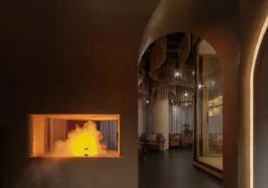 現代客廳空間，設壁爐、座椅與大片窗戶引入自然光線，盆栽增添綠意