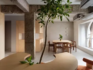 A well-lit living space with a dining table, kitchen counter, and potted plant, featuring a combination of wood and stone elements