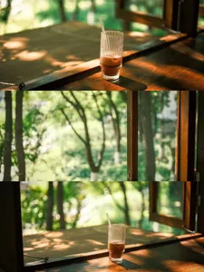 A wooden table with a glass and various glasses on it, set in a domestic indoor setting