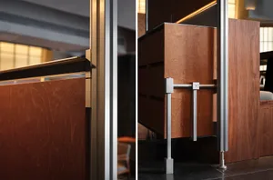 Office space with a wooden cabinet and metal cabinet, brown color, and office chairs