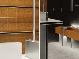Warm bathroom with wooden walls and floors, wood panel design on walls, and two benches, creating a cozy atmosphere