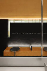 Modern cafe interior with a wooden countertop, two stools, and two dining tables, featuring a sleek and functional design