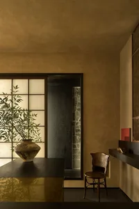 A well-lit dining area with a wooden table and chairs, a potted plant near the window, and a vase on the table, creating a warm and inviting atmosphere
