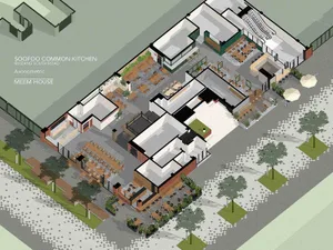 A modern interior space with a large open kitchen area featuring multiple dining tables and chairs, giving a spacious and contemporary feel