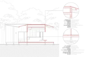 Architectural drawing of a house with a floor plan layout, furniture, trees, and a deck, showcasing different rooms and a living area