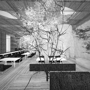 A warm and inviting dining area with wooden floors, a tree as the focal point, and multiple tables and chairs