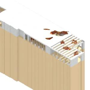A partially constructed building with a wooden exterior, featuring visible wooden pieces and an unfinished facade