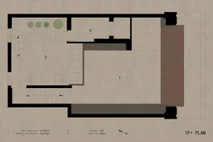 2D floor plan of a modern restaurant with labeled rooms and spaces, featuring clean lines and minimalist design