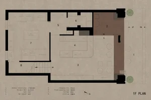 2D floor plan of a modern house with labeled rooms and spaces in English and Chinese, featuring clean lines and minimalistic design