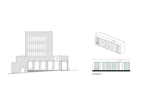 2D floor plan of a building with multiple rooms, including a large white building with many windows, and smaller buildings in the vicinity