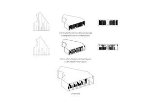 Five stages of architectural design process showcasing building floor plan development with textual descriptions and visual elements