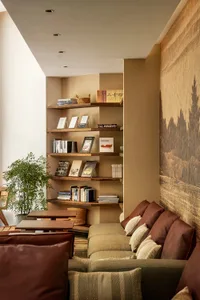 Cozy modern living space with brown walls, a couch, bookshelves, and a potted plant, perfect for relaxation and reading