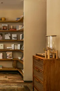 A wooden bookshelf filled with various books in different sizes and colors, creating a cozy and intellectual environment