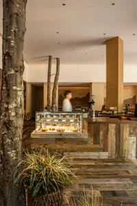 Warm and inviting restaurant interior with wooden floors and walls, featuring chairs and dining tables for socializing and dining