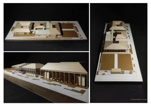 Black and white architectural model of a modern building with a wooden structure, clean lines, and minimal ornamentation