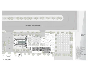 現代建築的街景建築渲染圖，周圍環繞樹木與盆栽植物，營造寧靜氛圍