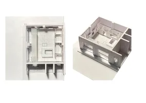 Top-down and side views of a modern building's interior with clean lines and minimalist aesthetic