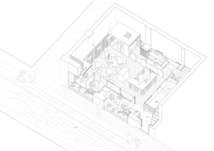 2D floor plan of a modern interior space with dining area, kitchen, and living room, featuring furniture, potted plants, and natural lighting