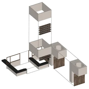 Modern kitchen with a countertop, sink, cabinets, refrigerator, and two toilets, featuring clean lines and minimalistic elements