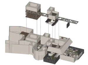 Computer-generated interior space with modern architecture, clean lines, and open spaces