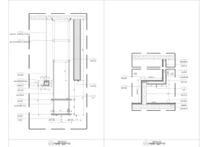 Two architectural drawings of a modern building's interior with concrete walls, doors, windows, and a sense of functionality