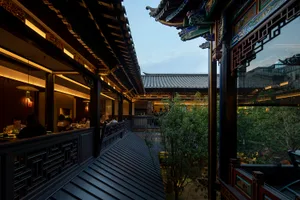 Traditional Asian-style interior with wooden elements, decorative patterns, and a sense of history and cultural significance