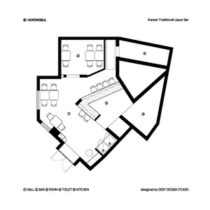 2D floor plan of a modern bar lounge with white walls and floors, featuring various rooms and seating areas