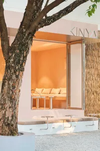 A cozy restaurant interior with chairs and a dining table, a potted plant adding greenery to the space, creating a warm and inviting atmosphere for relaxation and socializing