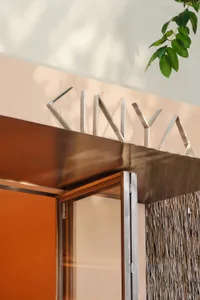 Modern entrance with a glass door, metal frame, and two potted plants, set against a stylish architectural backdrop