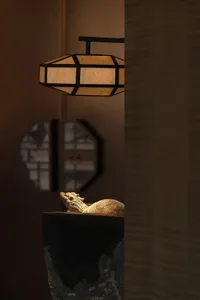 Cozy room with a turtle shell lamp, two mirrors, and a warm atmosphere