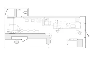 Architectural drawing of a modern home with multiple rooms, kitchen area, and people present
