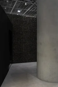 Exposed brick wall with a unique pattern, dimly lit space with a focus on functionality