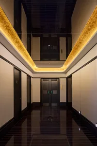 Spacious modern hallway with gold trim, high ceiling, and two doors leading to separate areas
