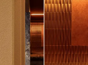 A modern room with brown walls, marble countertops, and wooden elements, featuring a sleek and elegant design