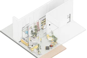 Open living area with white walls, wooden furniture, and a potted plant, featuring a dining table, chairs, and a bookshelf