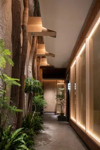 A long hallway with wooden floors and walls features potted plants and decorative vases, creating a cozy ambiance