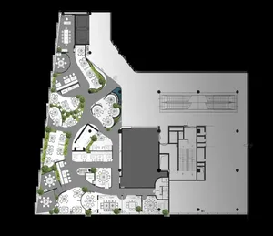 2D floor plan of a modern commercial space with clean lines, concrete and glass materials, and ample natural light