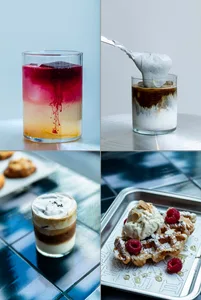 A table with glasses and a cupcake, an ice cream sundae, and a waffle with whipped cream, creating an inviting and appetizing atmosphere