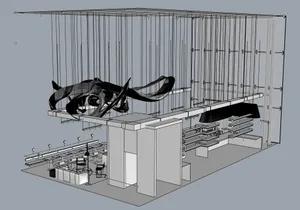 A modern interior space with a large open area featuring chairs, benches, and a dining table, with ample space for socializing