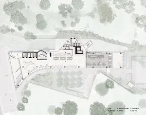 Architectural rendering of a modern building with multiple rooms, hallways, and open spaces