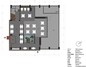 2D floor plan of a modern restaurant with wooden floors and walls, featuring dining areas and tables with chairs