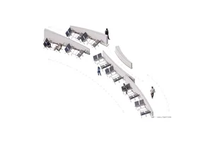 Empty minimalist room with multiple chairs arranged in various positions, clean and minimalistic atmosphere