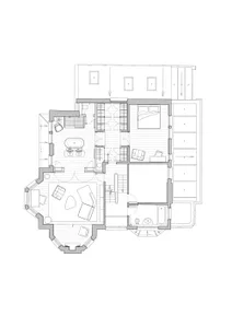 2D floor plan of a house with modern and traditional design elements, featuring various rooms and well-lit spaces