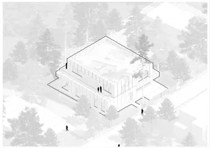 A modern house in a wooded area with a large glass window, surrounded by nature and three people walking outside