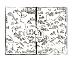 A detailed map of a mountainous region with symbols and lines indicating various elements, set against a backdrop of mountains, trees, and buildings