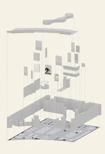 A modern commercial space with white walls and floors, featuring various rooms and spaces in a clean and minimalistic design