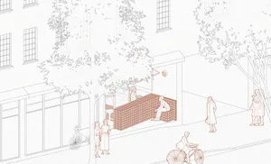 繁忙的都市街景，帶有磚牆建築立面、長椅，以及行人和騎自行車的路人