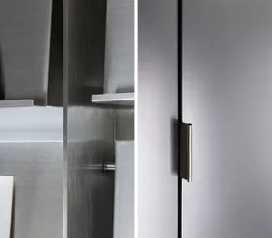 Two views of a modern kitchen cabinet with stainless steel and silver finishes, featuring functional handles and a sleek design